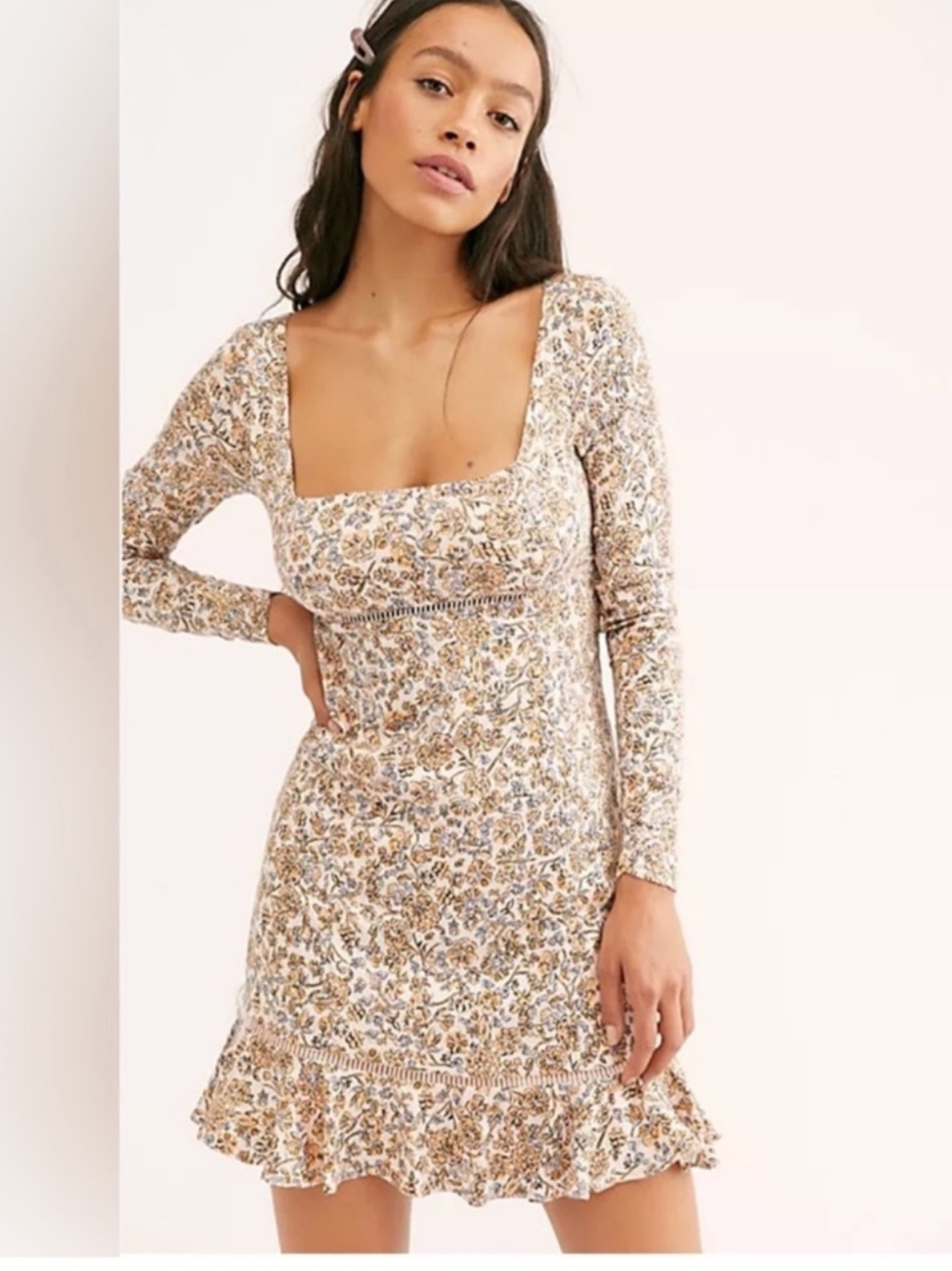Free People Long Sleeve Floral Square Neck Mini Dress in Beige Size 4